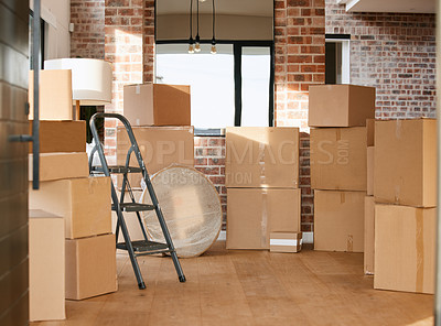 Buy stock photo Shot of boxes in a room at home