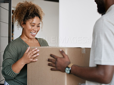 Buy stock photo Box, shipping and woman with deliveryman by door for ecommerce package at home complex. Cargo, logistics and male courier with happy female customer for cardboard parcel at house for online order.