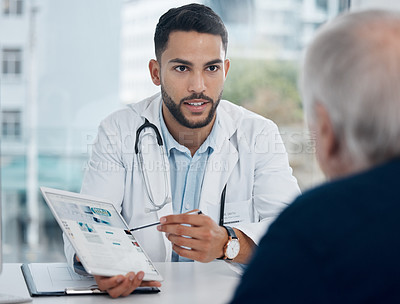 Buy stock photo Doctor, man and tablet in office for healthcare, information and consulting in clinic with patient. Professional male person, medical advice and technology in hospital for virus protection or info