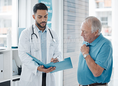 Buy stock photo Doctor, senior patient and talking on paper in hospital, medical service and support for healthcare. Elderly person, man and speaking on diagnosis, consulting file and plan for treatment and advice