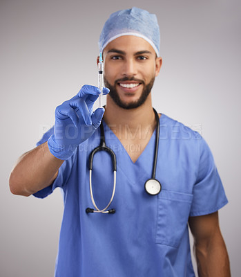 Buy stock photo Portrait, needle and doctor with vaccine in studio with medical immunization injection. Professional nurse, syringe or male healthcare worker with vaccination for virus prevention by gray background.