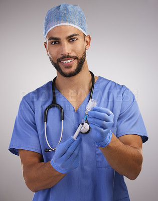 Buy stock photo Portrait, syringe and doctor with vaccine in studio with medical immunization injection. Professional nurse, needle and male healthcare worker or vaccination for virus prevention by gray background.