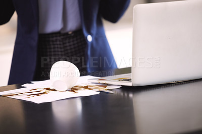 Buy stock photo Closeup shot of coffee spilt over a laptop and paperwork on a table