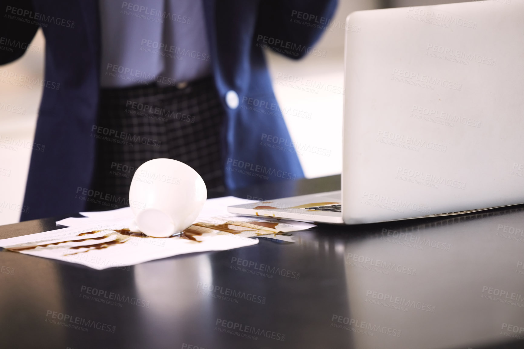 Buy stock photo Accident, coffee and spill with business person at desk in office for fail or mistake on documents. Laptop, paper and splash with beverage, cup or drink on table in workplace for error, mess or oops
