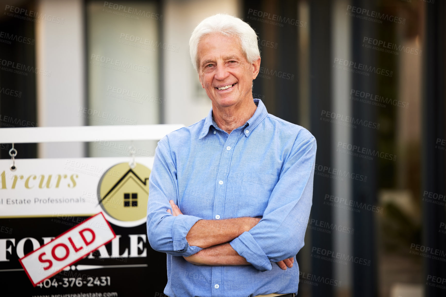 Buy stock photo Senior man, portrait and house sold with arms crossed for new home, real estate and relocation. Male person, happy or confident moving to property for retirement, pension and residential investment