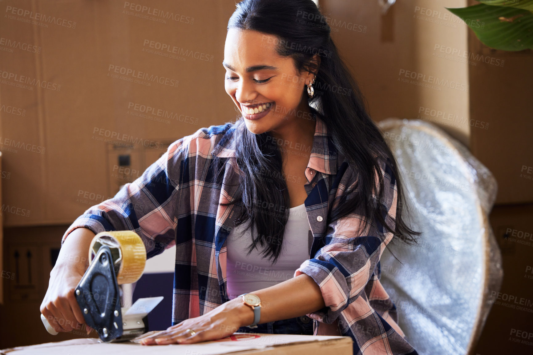 Buy stock photo Box, smile and tape with woman moving home or packing for property and real estate relocation. Cardboard, future and happy homeowner person in apartment with smile, getting ready for change or growth