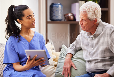 Buy stock photo Nurse, old man and elderly patient with a tablet, sofa and connection with telehealth, website info or explain treatment. Female employee, mature guy or caregiver with mobile app, healthcare and help