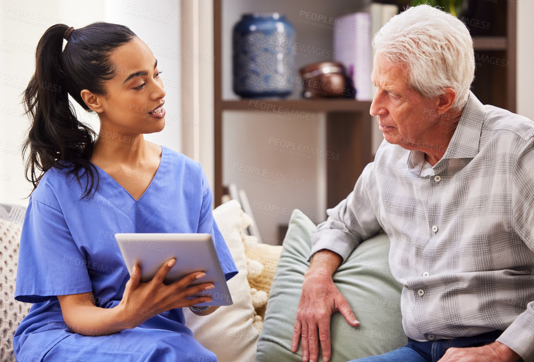 Buy stock photo Nurse, old man and elderly patient with a tablet, sofa and connection with telehealth, website info or explain treatment. Female employee, mature guy or caregiver with mobile app, healthcare and help