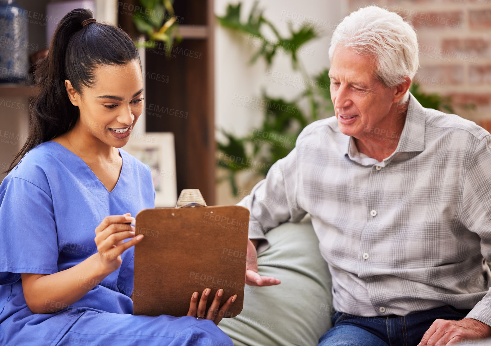 Buy stock photo Clipboard, nurse and senior patient in home with medical consultation for diagnosis treatment. Checklist, healthcare and caregiver in discussion with man in retirement for medical checkup at house.