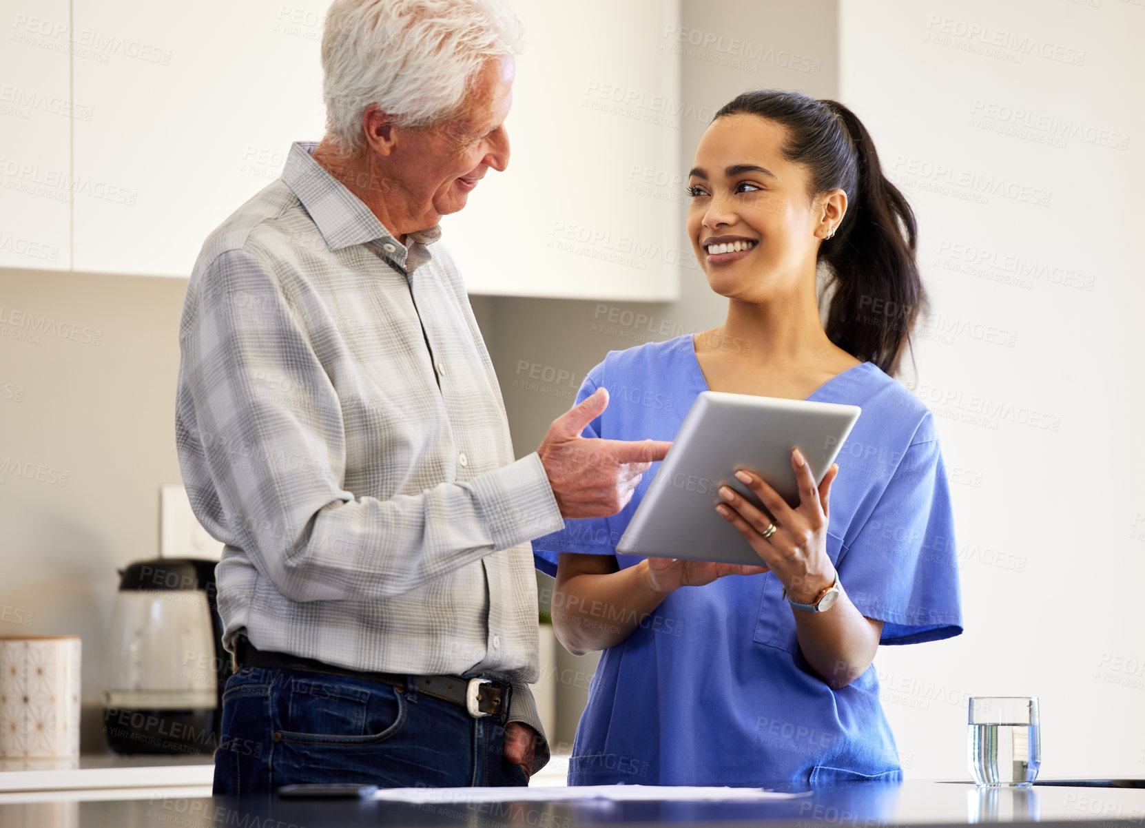 Buy stock photo Tablet, nurse and senior patient in home with medical consultation for diagnosis treatment. Digital technology, medical and caregiver in discussion with elderly man in retirement for checkup at house