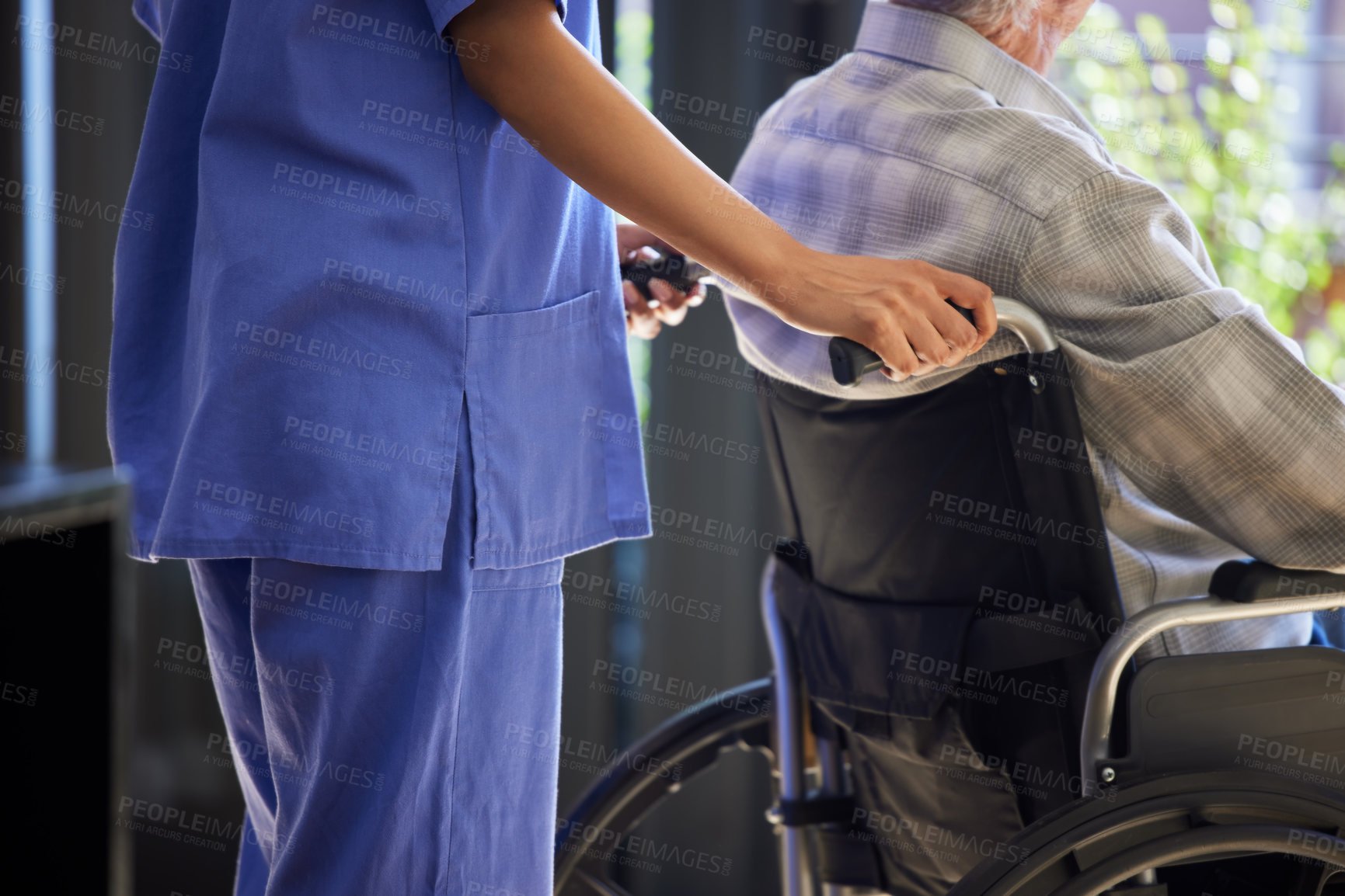Buy stock photo Wheelchair, caregiver and senior person with disability for support, caring and homecare for old people. Healthcare, elderly man and nurse for helping, assistance and retiree with medical worker