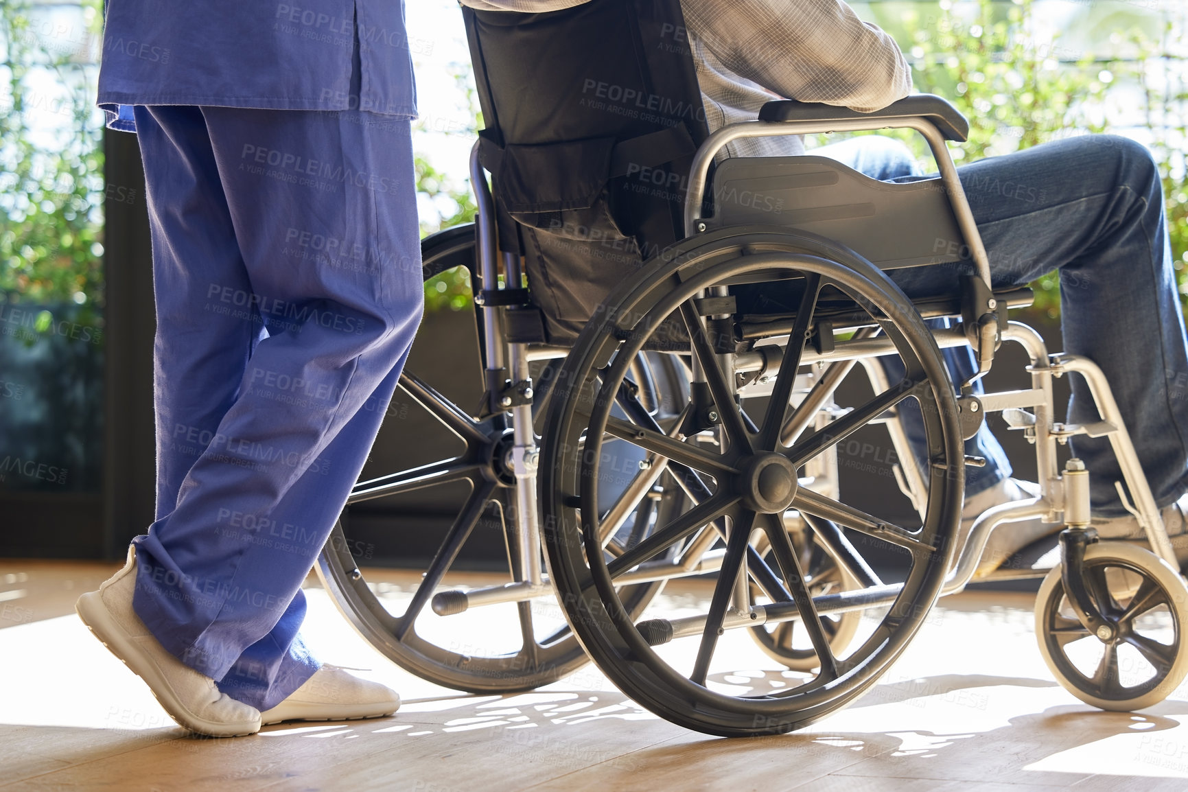 Buy stock photo Push, nurse or patient in wheelchair in hospital for healthcare service, helping others or clinic support. Closeup, people or person with disability or medical care for rehabilitation or recovery