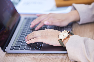 Buy stock photo Business, woman and laptop in closeup with keyboard at desk, working with technology for company. Female person, computer and office with internet for typing with email, idea for growth at table