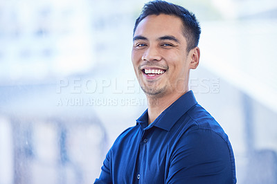 Buy stock photo Happy, business man and laughter in portrait with confidence in professional career with mockup space. Smile, male person or entrepreneur with pride, dedication and ambition for company mission