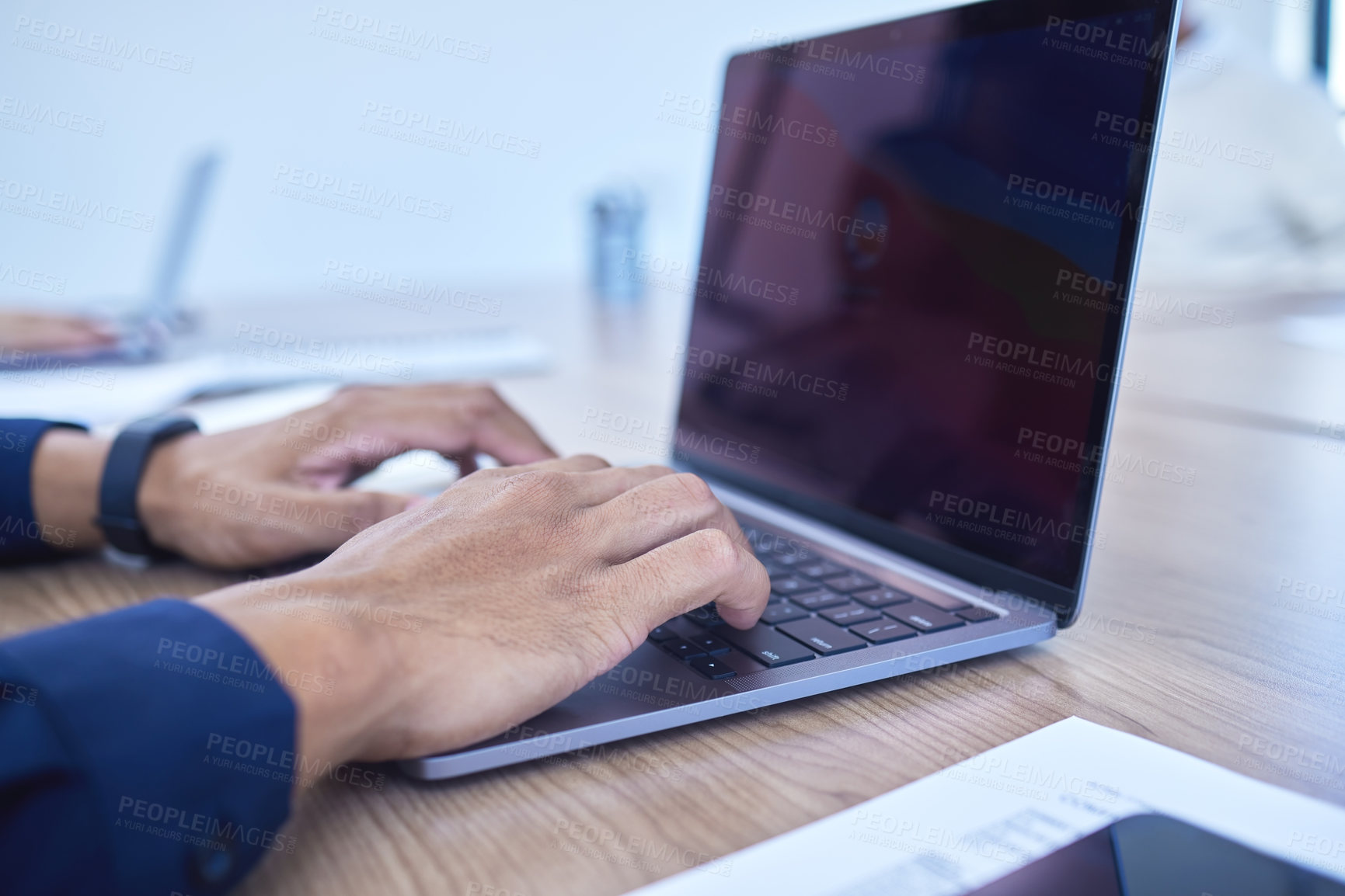 Buy stock photo Business, man and laptop screen with hands and keyboard at desk, working with technology for company. Male programmer, computer and office with web for typing code, search or mockup for website