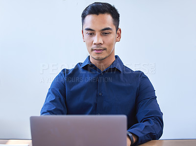 Buy stock photo Laptop, typing and business man reading email for project, research or communication online in office. Computer, serious and professional on website for planning, networking or agent writing report