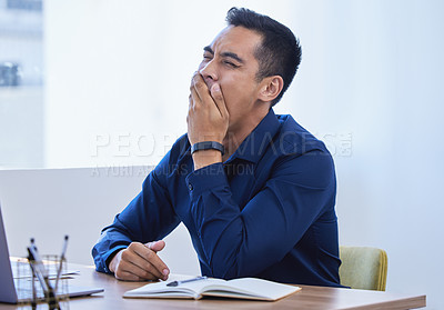 Buy stock photo Businessman, yawn and office with laptop, tired and burnout for intern goals. Creative writer, professional news editor and expert reporter for content creation, publishing and press startup