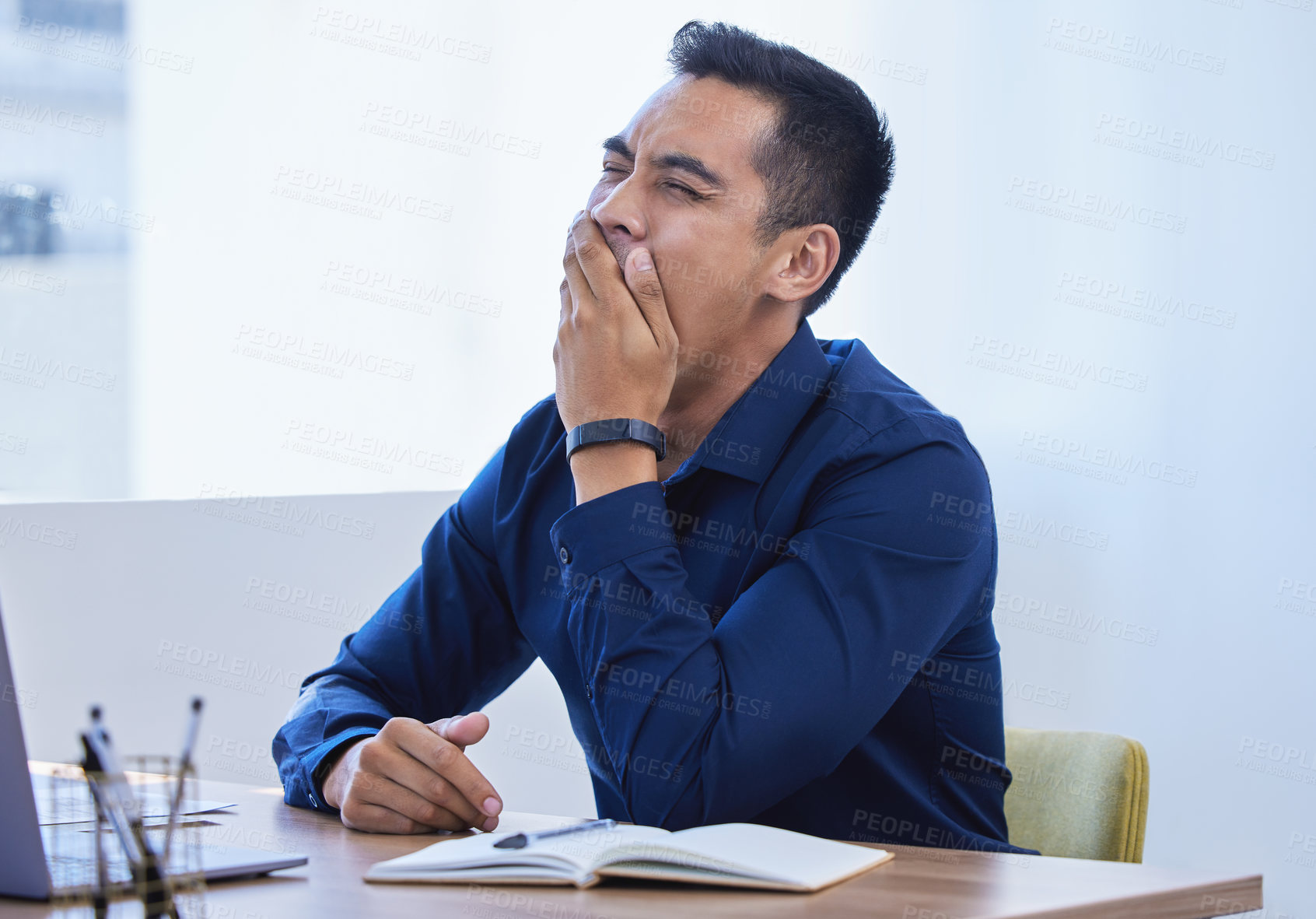 Buy stock photo Businessman, yawn and office with laptop, tired and burnout for intern goals. Creative writer, professional news editor and expert reporter for content creation, publishing and press startup