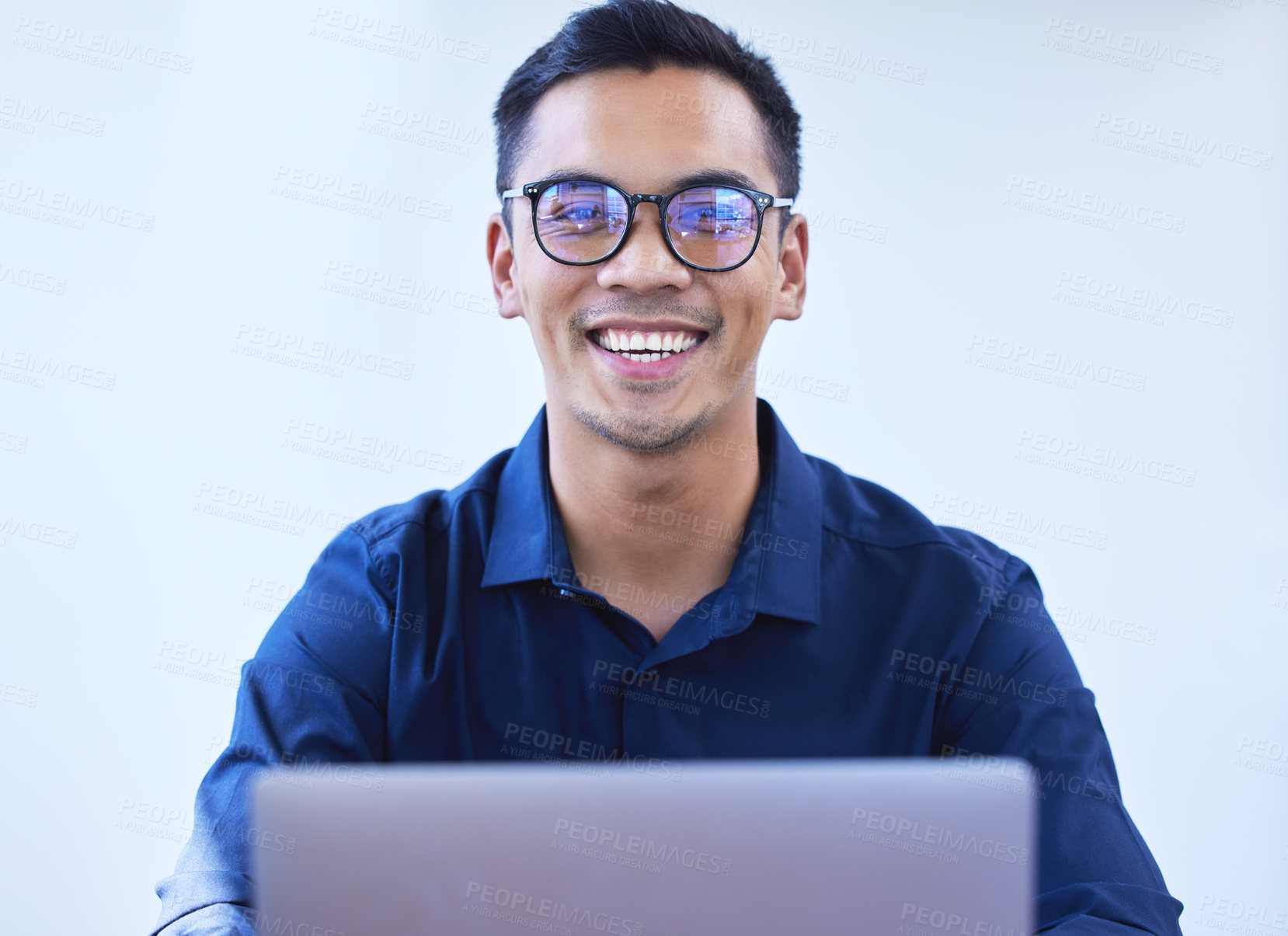 Buy stock photo Businessman, portrait and office with laptop, glasses and confidence for intern goals. Creative writer, professional news editor and expert reporter for content creation, publishing and press startup