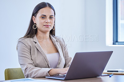 Buy stock photo Businesswoman, portrait and office with laptop, working and confidence for intern goals. Creative writer, professional news editor or expert reporter for content creation, publishing or press startup