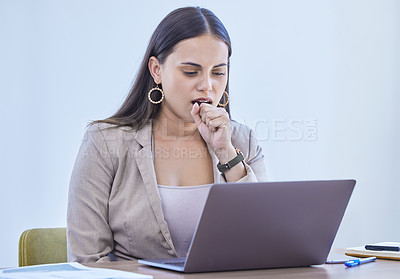 Buy stock photo Businesswoman, yawn and office with laptop, tired and overworked for intern goals. Creative writer, professional news editor and expert reporter for content creation, publishing and press startup