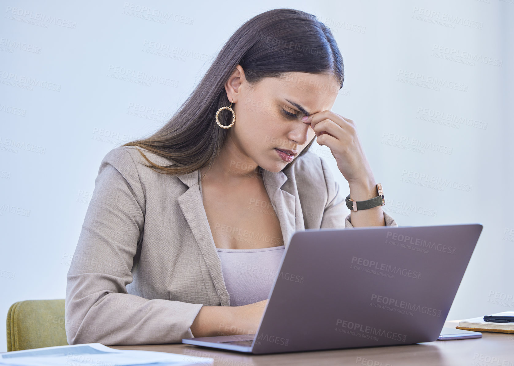 Buy stock photo Businesswoman, stressed and office with laptop, headache and deadline for intern goals. Creative writer, professional news editor or expert reporter for content creation, publishing and press startup