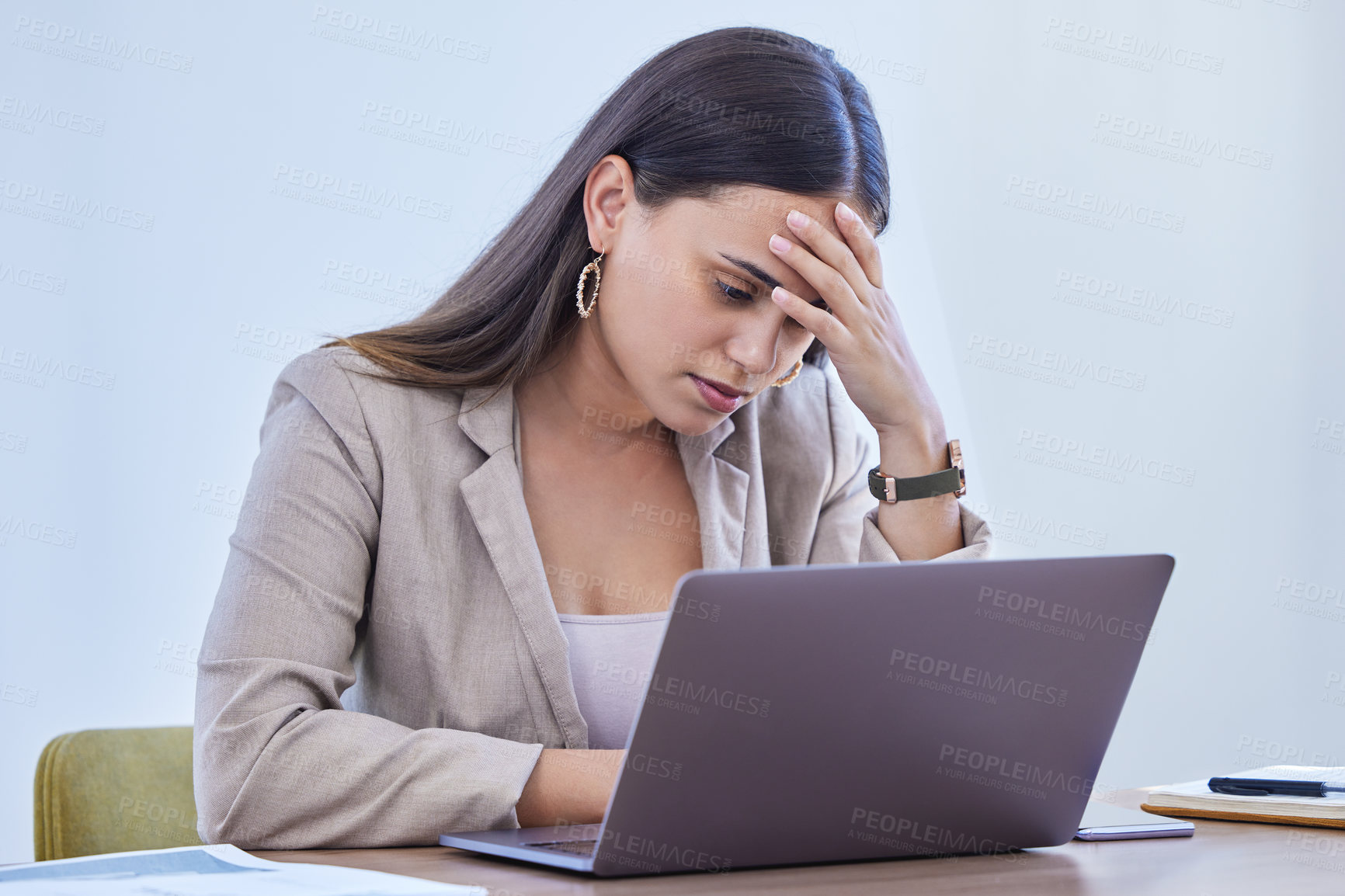 Buy stock photo Businesswoman, tired and office with laptop, deadline and anxious for intern goals. Creative writer, professional news editor and expert reporter for content creation, publishing and press startup