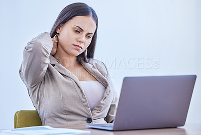 Buy stock photo Neck pain , woman and thinking in office, laptop and injured  in business, online and tired of working. Copywriter, hurt and backache in workplace, agency and exhausted for ideas of blog and project