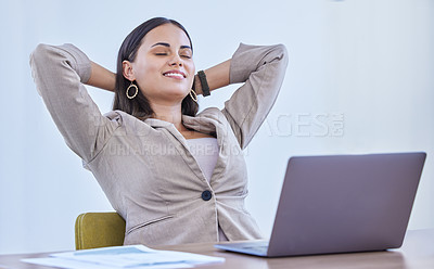 Buy stock photo Business, woman and calm in office with laptop, done and achievement for work target or finished online project. Stretching, relax break and professional satisfaction, complete deadline and rest