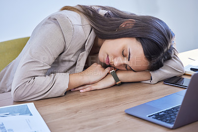 Buy stock photo Woman, sleep and work in office with laptop, fatigue and tired or overworked with professional employee. Exhausted, lazy and napping on table for stress, burnout and online project in workplace
