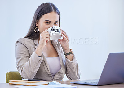 Buy stock photo Coffee, drink and woman with laptop, portrait and morning in business, online and break of working. Copywriter, office and notebook in workplace, agency and startup for ideas of blog and project