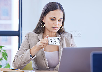 Buy stock photo Coffee, woman and reading in office, laptop and notebook in business, online and desk for working. Copywriter, technology and tea to drink in workplace, agency and think of idea for blog or project
