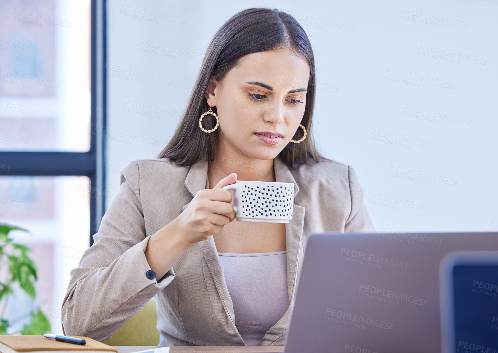 Buy stock photo Coffee, woman and reading in office, laptop and notebook in business, online and desk for working. Copywriter, technology and tea to drink in workplace, agency and think of idea for blog or project