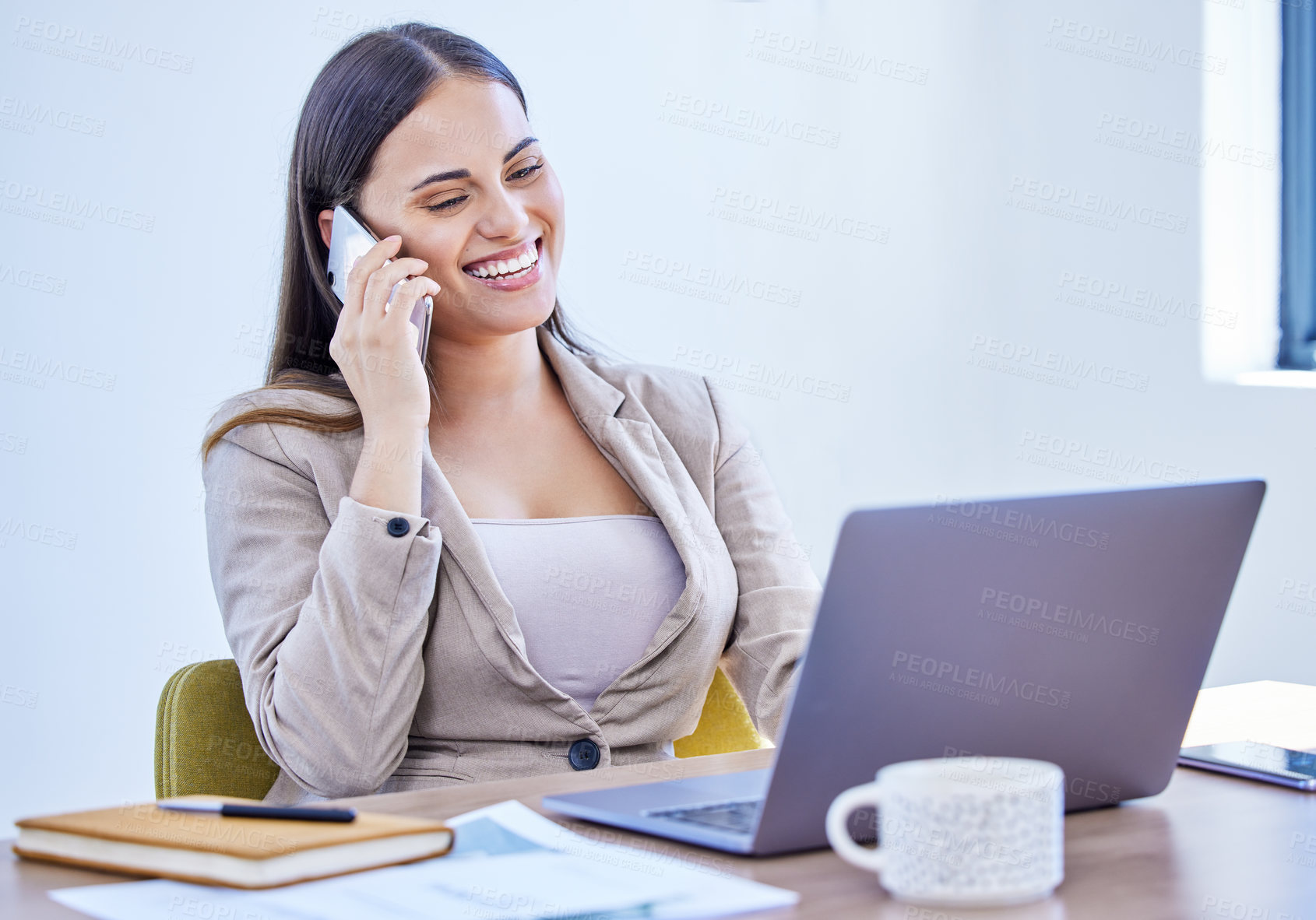 Buy stock photo Phone call, laughing or businesswoman on laptop for project notes in conversation, company or communication. Happy, consultant or funny financial advisor networking for advice, plan or news update