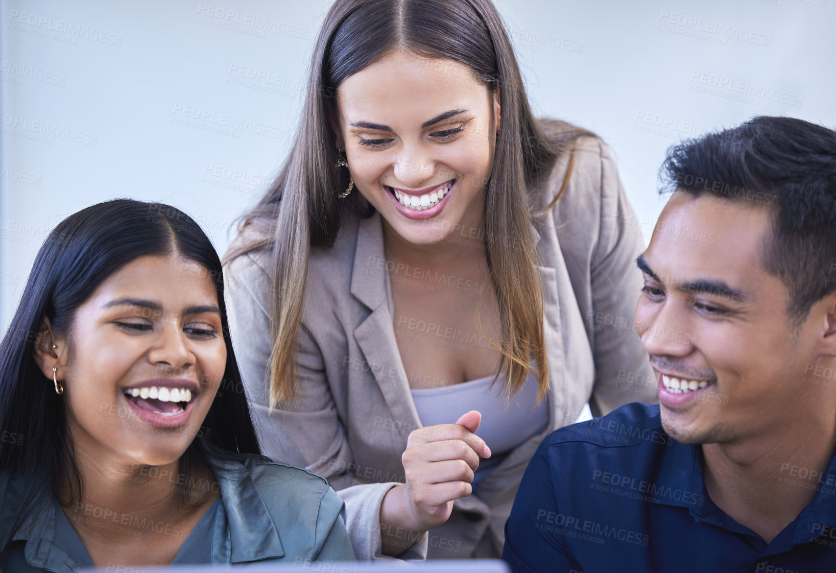 Buy stock photo Laughing, startup or business people in meeting for planning, collaboration or teamwork at office. Laptop, speaking or funny designers talking in group for discussion, conversation or feedback review