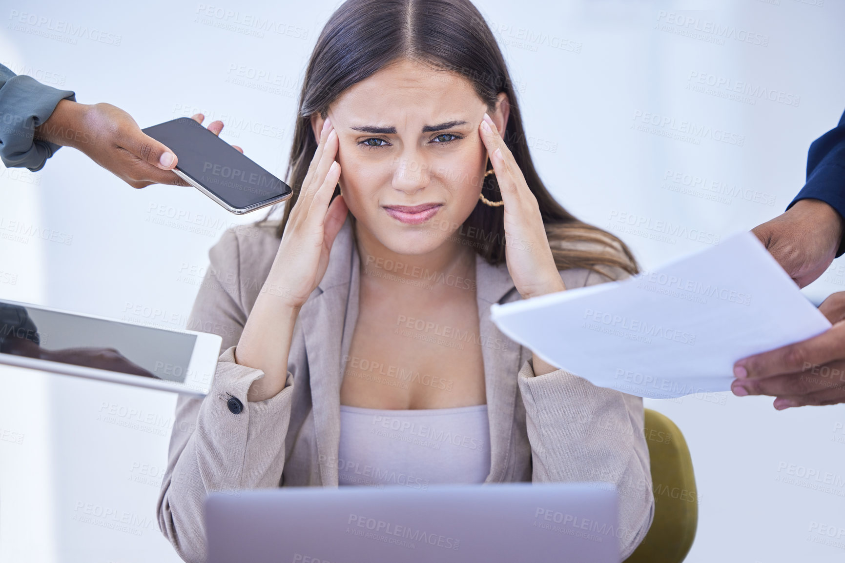 Buy stock photo Stress, headache or woman portrait with business hands in office for tax, audit or multitask, deadline or fail. Chaos, anxiety or team with compliance documents, phone or tablet by frustrated manager