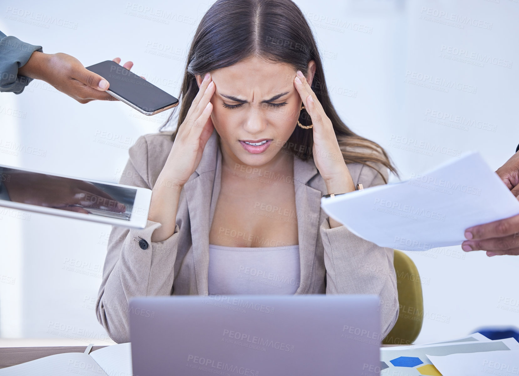 Buy stock photo Stress, headache and woman with business hands in office for tax, audit or multitasking, deadline or pressure. Chaos, anxiety or team with compliance documents, phone or tablet for frustrated manager