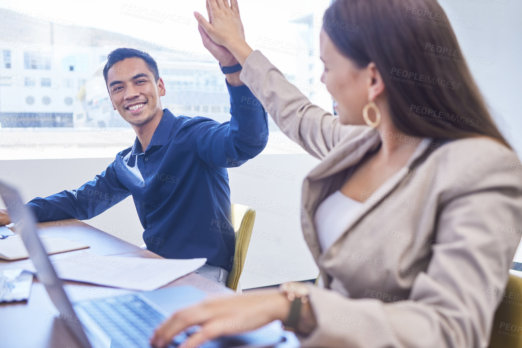 Buy stock photo Colleagues, man and woman with high five in office for celebration, achievement and success with smile. Business people, consultants and hand gesture for well done, good work or great with happiness