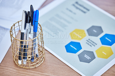 Buy stock photo Papers, stationery and table or desk in empty office for idea, planning and data analysis. Documents, penholder and business plan in creative workplace for strategy, agency and company statistics