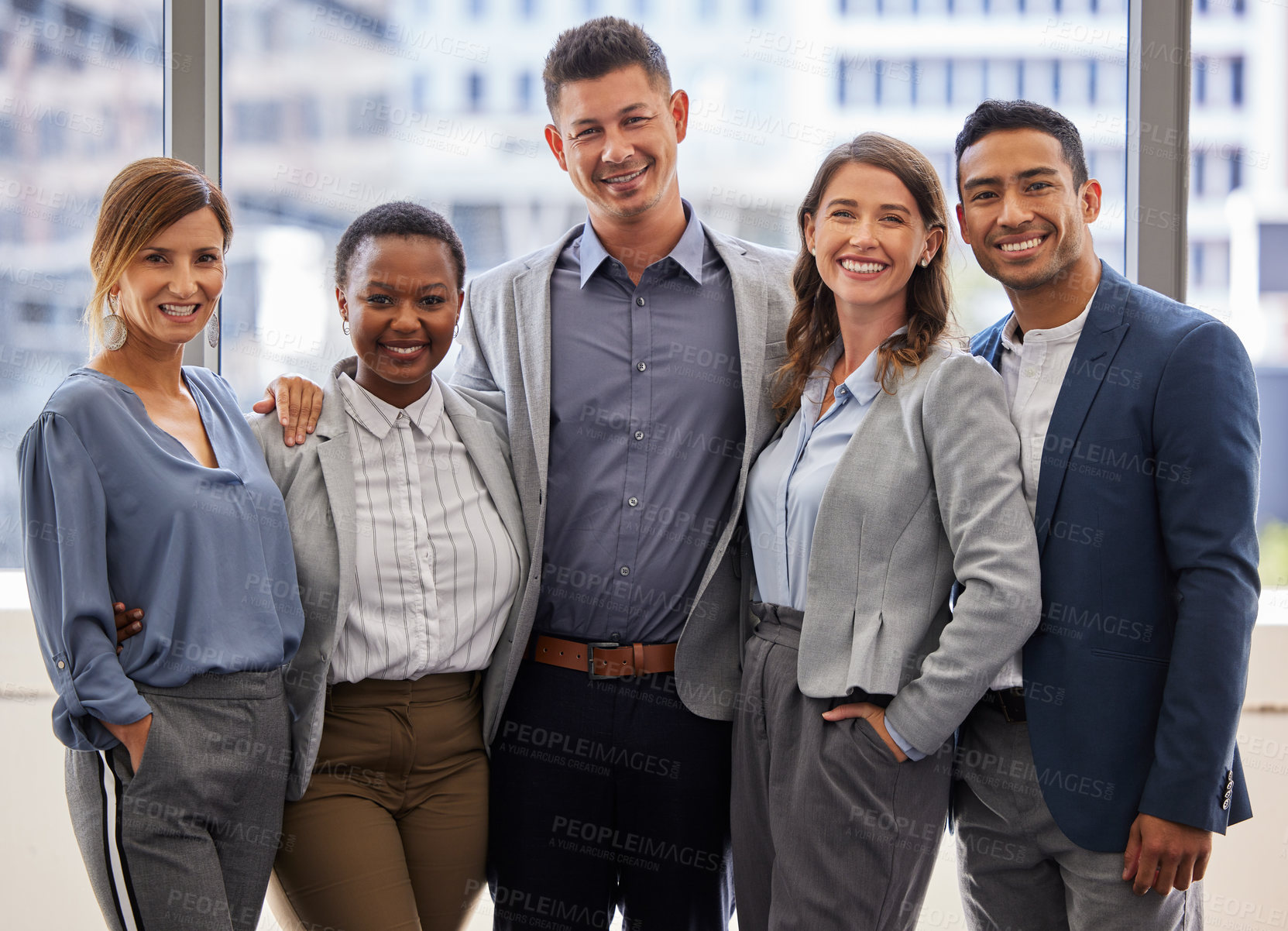 Buy stock photo Portrait, smile and team of business people in office together for support, about us or solidarity. Happy staff, consultant and corporate group in collaboration, cooperation or diversity of community