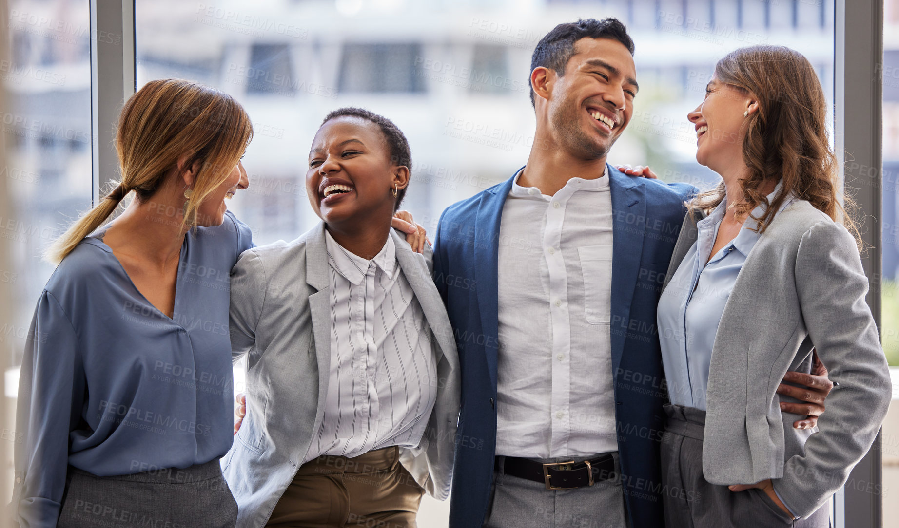 Buy stock photo Happy, laughing and funny business people hug in office for meeting success, goal and startup pitch approval. Work, friends and team embrace in support, solidarity or comic, conversation and chat