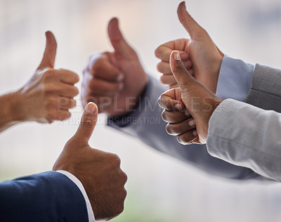 Buy stock photo Business people, hands and thumbs up for support, agreement or cooperation with symbol. Closeup, group or employees with like, emoji or winning with sign for good job, yes or success with partnership