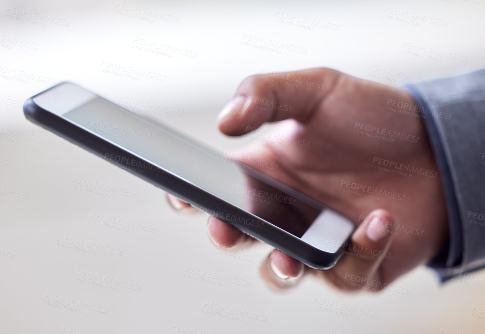Buy stock photo Business person, hands and typing with phone screen for communication, news or online browsing at office. Closeup of employee scrolling, chatting or texting on mobile smartphone display at workplace