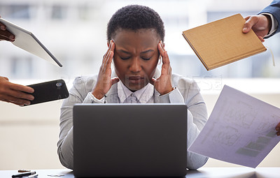 Buy stock photo Shot of a businesswoman looking overwhelmed in a demanding office environment