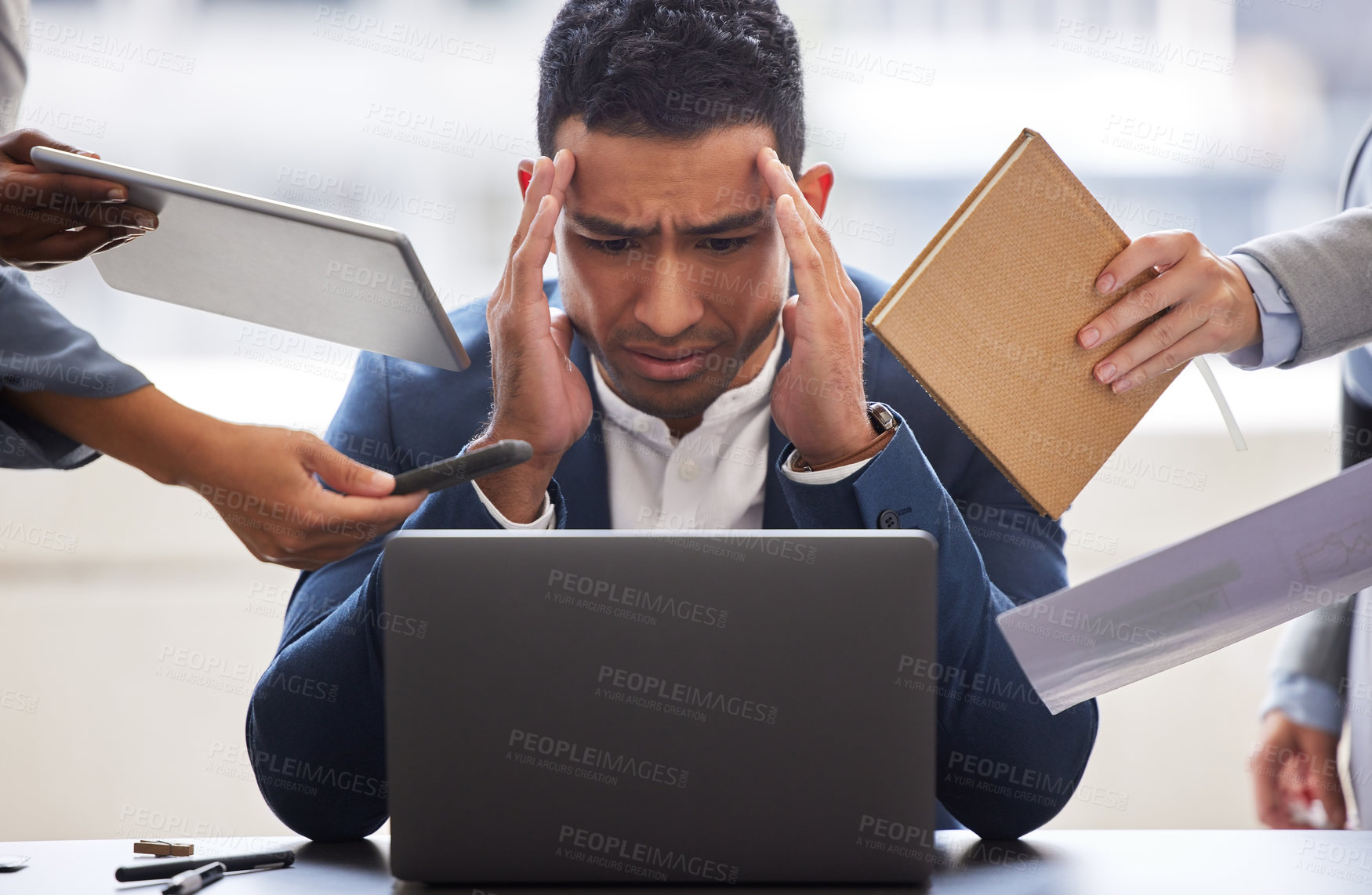 Buy stock photo Business people, man and stress with workflow crisis, burnout and anxiety with deadline, overwhelmed and laptop. Group, employees and consultant with pc, chaos and multitasking with mental health