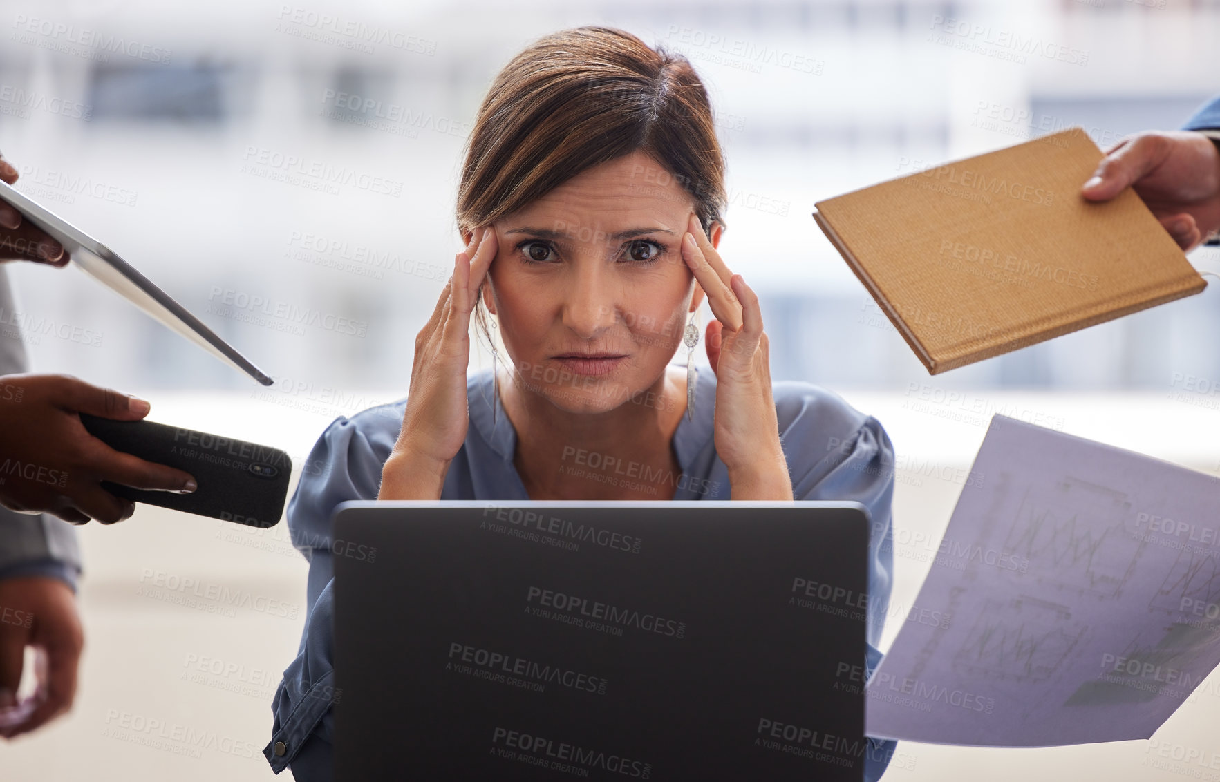 Buy stock photo Business people, woman and portrait with headache, burnout and anxiety with deadline, overwhelmed and laptop. Stress, employee and consultant with computer, chaos and multitasking with mental health