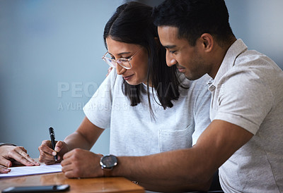 Buy stock photo Together, paperwork and married couple in office, meeting and life insurance broker or future investment. Consultant, client and signing for safety or security, happy people and assurance or contract
