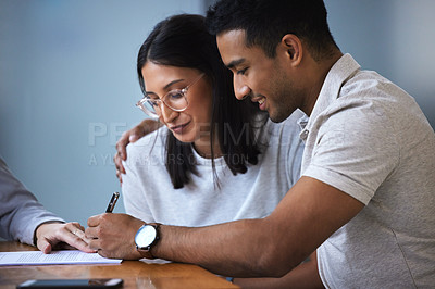 Buy stock photo Contract, married couple and together in office, meeting and life insurance broker for future investment. Consultant, client and signing for safety or security, happy people and assurance or document