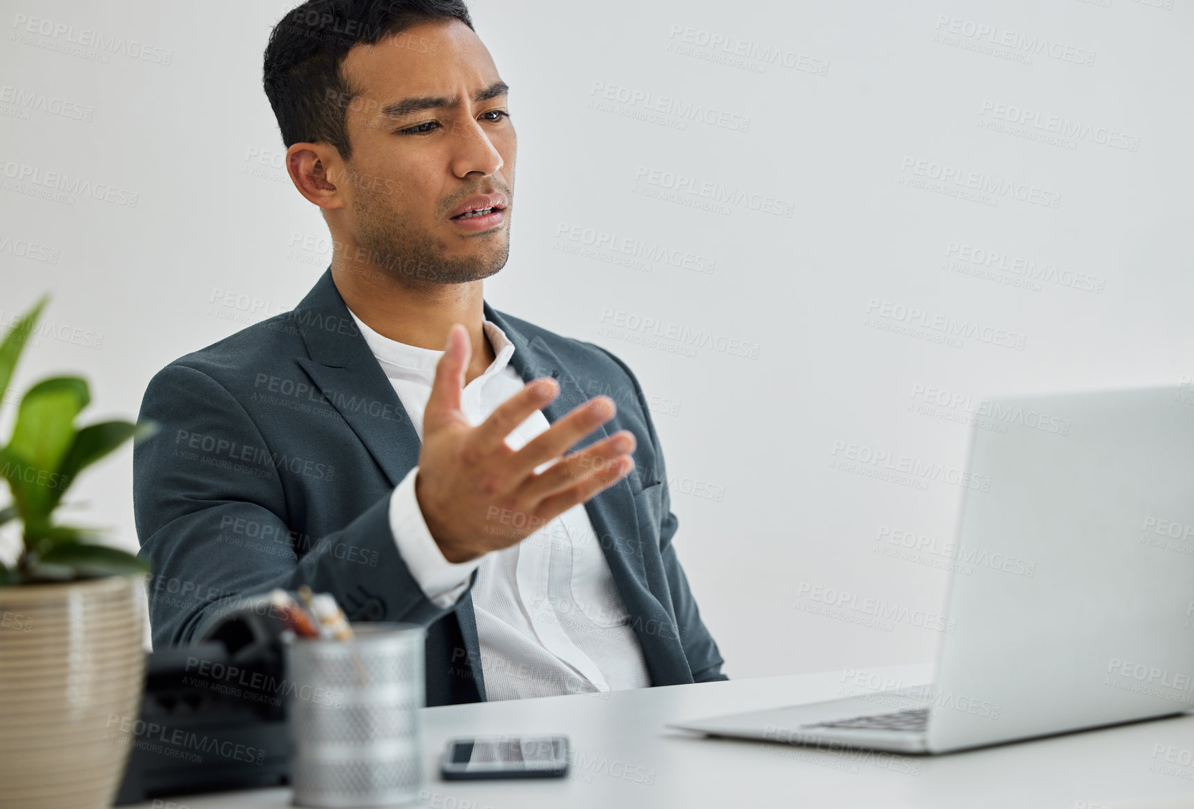 Buy stock photo Businessman, laptop and frustrated at desk with stress, online and internet for email in office. Technology, professional and corporate financial manager, stock market and loss of money in crypto