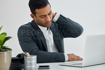 Buy stock photo Businessman, laptop and neck pain at desk with stress, burnout and body fatigue for injury. Technology, office and sore muscle or strain for financial manager, posture and joint inflammation problem